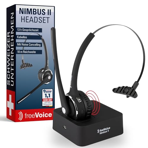 freeVoice Nimbus II - Kabelloses Bluetooth Headset mit Mikrofon für Büro, Home Office oder unterwegs [Noise Cancelling] 13h Gesprächszeit, 10m Reichweite, wasserfeste Kopfhörer von freeVoice