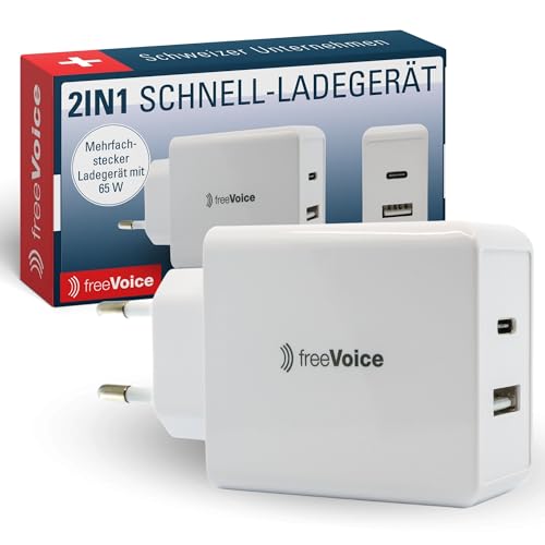 freeVoice Schnellladegerät 65 W I Mehrfachladegerät mit 1x USB-A & 1x USB-C Anschluss I Mehrfach-Netzteil für Smartphones, Laptops & Kopfhörer I USB-Ladegerät für gleichzeitiges Laden von freeVoice