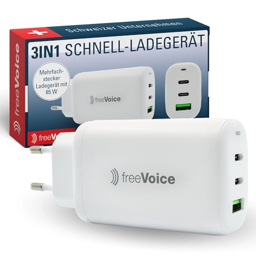 freeVoice Schnellladegerät 65 W I Mehrfachladegerät mit 1x USB-A & 2X USB-C Anschluss I Mehrfach-Netzteil für Smartphones, Laptops & Kopfhörer I USB-Ladegerät für gleichzeitiges Laden von freeVoice