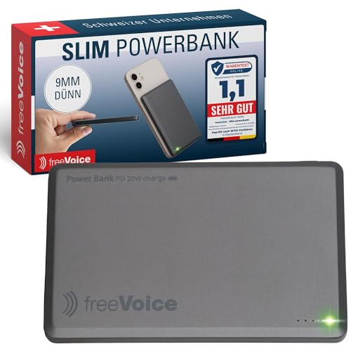 freeVoice Slim Powerbank 5000mAh mit MagSafe, 9mm dünn [Schnellladen] Kompatibel mit USB-C/Magnetische Power Bank für induktives Laden/Mobiler Akku für Flugzeug, Camping & Reisen von freeVoice