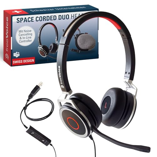 freeVoice Space 440 UC Duo - Kabelgebundenes Office USB Headset mit Mikrofon für Büro oder Homeoffice [Microsoft Teams Zertifiziert] Ultra Noise Cancelling Kopfhörer zum Telefonieren von freeVoice