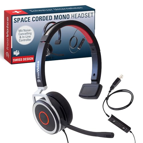 freeVoice Space 440 UC Mono - Kabelgebundenes Office USB Headset mit Mikrofon für Büro oder Homeoffice [Microsoft Teams kompatibel] Ultra Noise Cancelling Kopfhörer zum Telefonieren von freeVoice