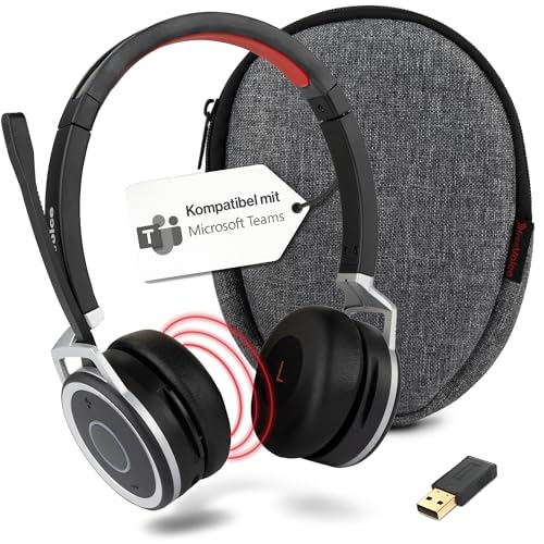 freeVoice Space Duo - Kabelloses Bluetooth Headset mit Mikrofon für Büro, Home Office oder unterwegs [Microsoft Teams kompatibel] Noise Cancelling, 30m Reichweite, wasserfeste Kopfhörer von freeVoice
