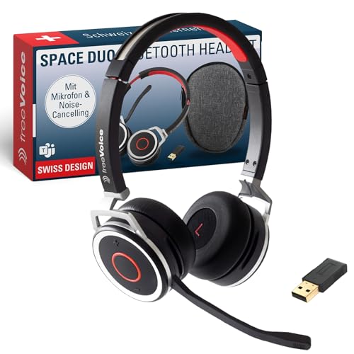 freeVoice Space Duo - Kabelloses Bluetooth Headset mit Mikrofon für Büro, Home Office oder unterwegs [Microsoft Teams kompatibel] Noise Cancelling, 30m Reichweite, wasserfeste Kopfhörer von freeVoice