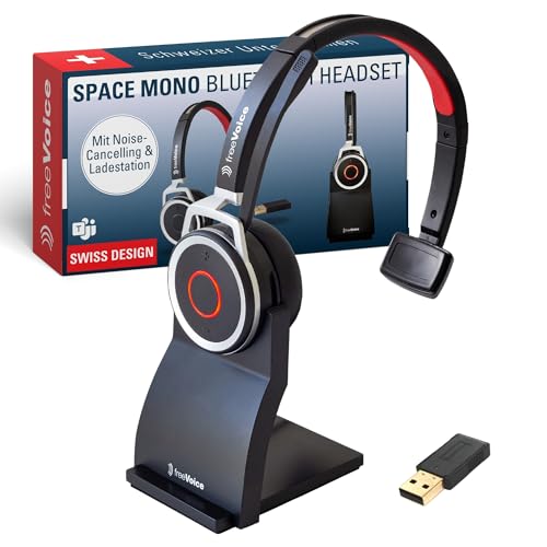 freeVoice Space Mono - Kabelloses Bluetooth Headset mit Mikrofon für Büro, Home Office & unterwegs [Microsoft Teams kompatibel] Noise Cancelling, 30m Reichweite, wasserfeste Kopfhörer mit Ladestation von freeVoice