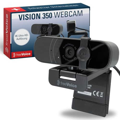 freeVoice Vision 350 Webcam I USB-Webcam für Videokonferenzen I Autofokus-Webcam mit 4k Auflösung & 74° Sichtfeld I Plug-and-Play Business USB-Kamera I Webcam mit Mikrofon & Linsenabdeckung von freeVoice