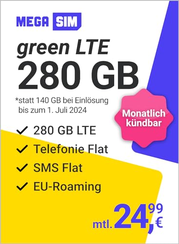 Mega SIM green LTE 140 GB – Handyvertrag im Telefonica Netz mit Internet Flat, Flat Telefonie und EU-Roaming – Monatlich kündbar von freenet