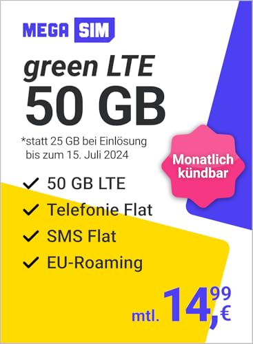 Mega SIM green LTE 25 GB – Handyvertrag im Telefonica Netz mit Internet Flat, Flat Telefonie und SMS und EU-Roaming – In alle deutschen Netze – Monatlich kündbar von freenet