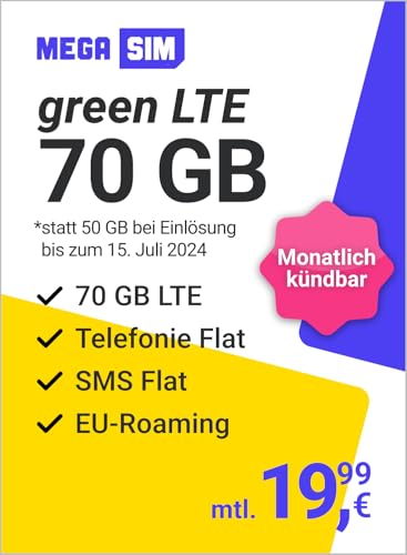 Mega SIM green LTE 50 GB – Handyvertrag im Telefonica Netz mit Internet Flat, Flat Telefonie und EU-Roaming – Monatlich kündbar von freenet