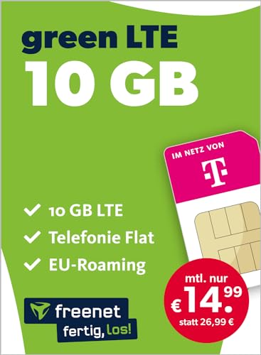 freenet green LTE 10 GB – Handyvertrag 24 Monate im Telekom Netz mit Internet Flat, Flat Telefonie und EU-Roaming – Aktivierungscode per E-Mail von freenet