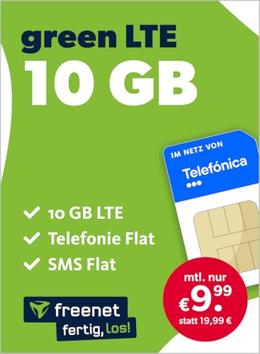 freenet green LTE 12 GB – Handyvertrag 24 Monate im Telefonica Netz mit Internet Flat, Flat Telefonie und EU-Roaming – Aktivierungscode per E-Mail von freenet