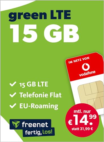 freenet green LTE 15 GB – Handyvertrag 24 Monate im Vodafone Netz mit Internet Flat, Flat Telefonie und EU-Roaming – Aktivierungscode per E-Mail von freenet