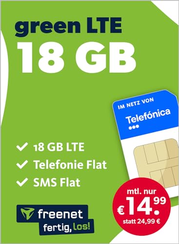 freenet green LTE 18 GB – Handyvertrag im Telefonica Netz mit Internet Flat, Flat Telefonie und SMS und EU-Roaming – In alle deutschen Netze – 24 Monate Vertragslaufzeit von freenet