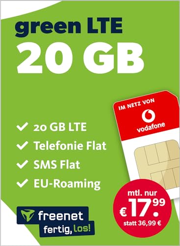 freenet green LTE 20 GB – Handyvertrag 24 Monate im Vodafone Netz mit Internet Flat, Flat Telefonie und EU-Roaming – Aktivierungscode per E-Mail von freenet