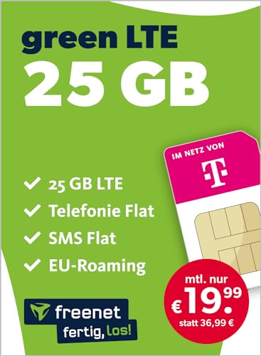freenet green LTE 25 GB – Handyvertrag 24 Monate im Telekom Netz mit Internet Flat, Flat Telefonie und EU-Roaming – Aktivierungscode per E-Mail von freenet