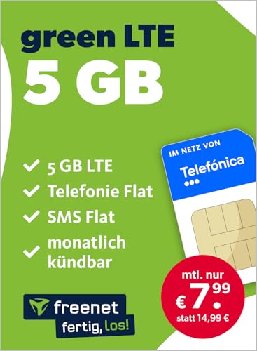 freenet green LTE 4 GB – Handyvertrag im Telefonica Netz mit Internet Flat, Flat Telefonie und SMS und EU-Roaming – In alle deutschen Netze – Monatlich kündbar von freenet