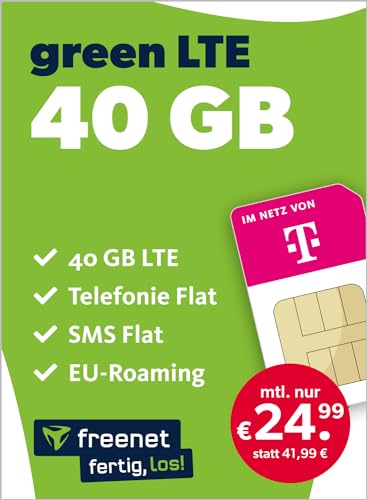 freenet green LTE 40 GB – Handyvertrag 24 Monate im Telekom Netz mit Internet Flat, Flat Telefonie und EU-Roaming – Aktivierungscode per E-Mail von freenet