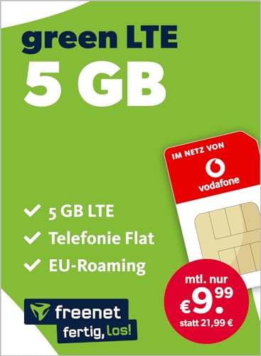 freenet green LTE 5 GB – Handyvertrag 24 Monate im Vodafone Netz mit Internet Flat, Flat Telefonie und EU-Roaming – Aktivierungscode per E-Mail von freenet