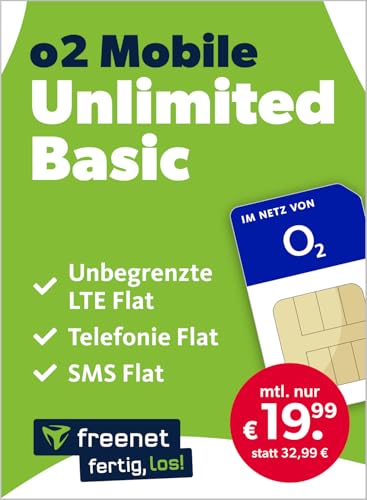 freenet o2 Mobile Unlimited Basic – Handyvertrag 24 Monate mit Internet Flat, Flat Telefonie und EU-Roaming – Aktivierungscode per E-Mail von freenet