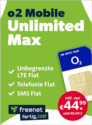 freenet o2 Mobile Unlimited Max – Handyvertrag mit Internet Flat, Flat Telefonie und SMS und EU-Roaming – In alle deutschen Netze – 24 Monate Vertragslaufzeit von freenet