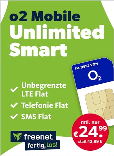 freenet o2 Mobile Unlimited Smart – Handyvertrag 24 Monate mit Internet Flat, Flat Telefonie und EU-Roaming – Aktivierungscode per E-Mail von freenet