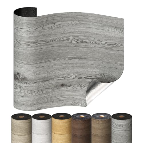 Selbstklebende Holzoptik Vinylboden, Verdickter PVC Bodenbelag, Vinyl-Fußböden Bodenfliesen Wasserfest, Langlebig Vielseitig Einsetzbar für Wohnzimmer, Schlafzimmer, Büros 60x1000cm Grau 2er-Pack von frelook