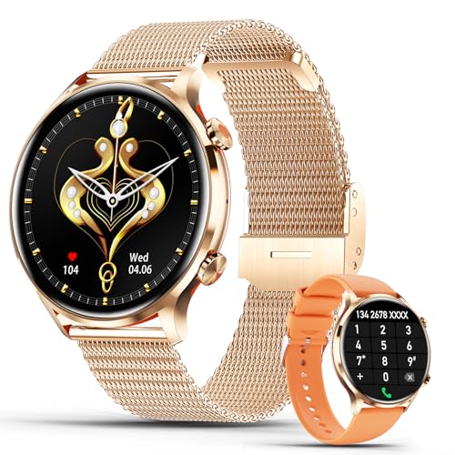 fremtudmy Smartwatch Herren Damen Armbanduhr, 1.39 Zoll Rund Smart Watch Fitnessuhr Tracker Sportuhr Digital Uhr mit Schrittzähler Blutdruckmessung Pulsmesser Schlaftracker Gold für iOS Android von fremtudmy