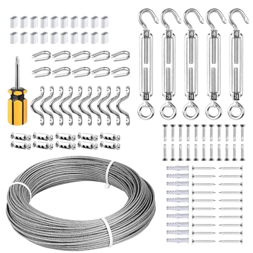 Drahtseil-Set, Lichterketten-Aufhängeset, 1.5mm x 60m, Edelstahl-Kabelöse, Spannschloss Drahtseilspannung für Wäscheleinen, Gartendraht, Bilderaufhängung Drahtseil-Set, Lichterketten-Aufhängeset, 1.5mm x 60m, Edelstahl-Kabelöse, Spannschloss Drahtseilspannung für Wäscheleinen, Gartendraht, Bilderaufhängung von fshihine