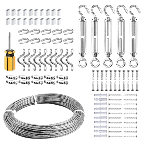FSHIHINE Drahtseil-Set, Lichterketten-Aufhängeset, 1,6 cm x 30 m, Vinylbeschichtetes Edelstahl-Kabelöse, Spannschloss Drahtseilspannung für Wäscheleinen, Gartendraht, Bilderaufhängen FSHIHINE Drahtseil-Set, Lichterketten-Aufhängeset, 1,6 cm x 30 m, Vinylbeschichtetes Edelstahl-Kabelöse, Spannschloss Drahtseilspannung für Wäscheleinen, Gartendraht, Bilderaufhängen von fshihine