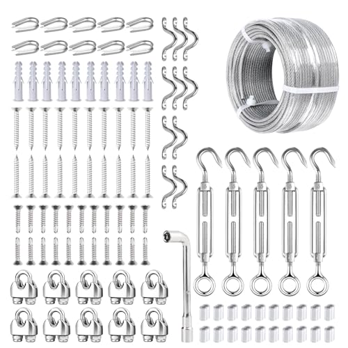 FSHIHINE 3mm Drahtseil-Set, Lichterketten-Aufhängeset, 30M Vinyl-beschichtetes verzinktes Stahlkabel, Ösenspannschloss, Drahtseilspannung für Wäscheleinen, Gartendraht, Bilderaufhängung von fshihine