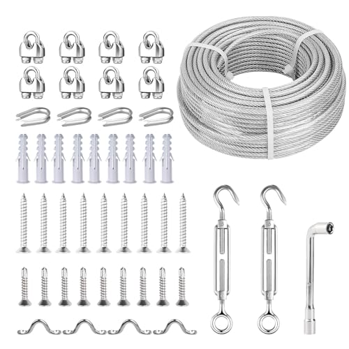 FSHIHINE Drahtseil-Set, Lichterketten-Aufhängeset, 5mm X 30M Vinyl-beschichtetes Verzinktes Stahlkabel, Ösenspannschloss, Drahtseilspannung Für Wäscheleinen, Gartendraht, Bilderaufhängung FSHIHINE Drahtseil-Set, Lichterketten-Aufhängeset, 5mm X 30M Vinyl-beschichtetes Verzinktes Stahlkabel, Ösenspannschloss, Drahtseilspannung Für Wäscheleinen, Gartendraht, Bilderaufhängung von fshihine