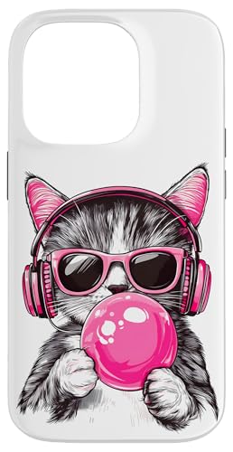 Cat in Pink Glasses Bubble and headphones Hülle für iPhone 14 Pro von funny cute bubble cat tee