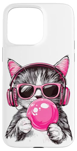 Cat in Pink Glasses Bubble and headphones Hülle für iPhone 15 Pro Max von funny cute bubble cat tee