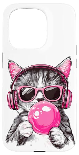 Cat in Pink Glasses Bubble and headphones Hülle für iPhone 15 Pro von funny cute bubble cat tee
