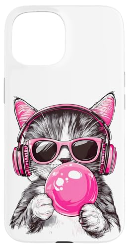 Cat in Pink Glasses Bubble and headphones Hülle für iPhone 15 von funny cute bubble cat tee