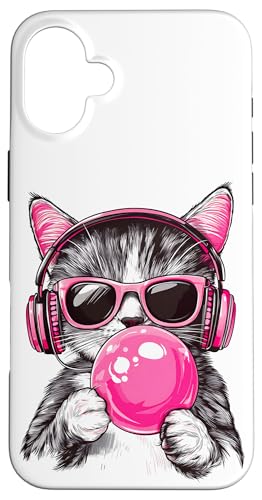 Cat in Pink Glasses Bubble and headphones Hülle für iPhone 16 Plus von funny cute bubble cat tee
