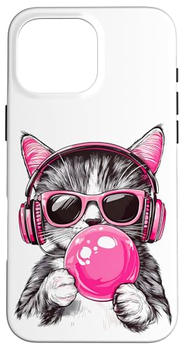 Cat in Pink Glasses Bubble and headphones Hülle für iPhone 16 Pro Max von funny cute bubble cat tee