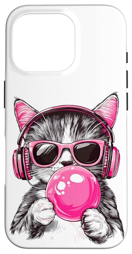Cat in Pink Glasses Bubble and headphones Hülle für iPhone 16 Pro von funny cute bubble cat tee