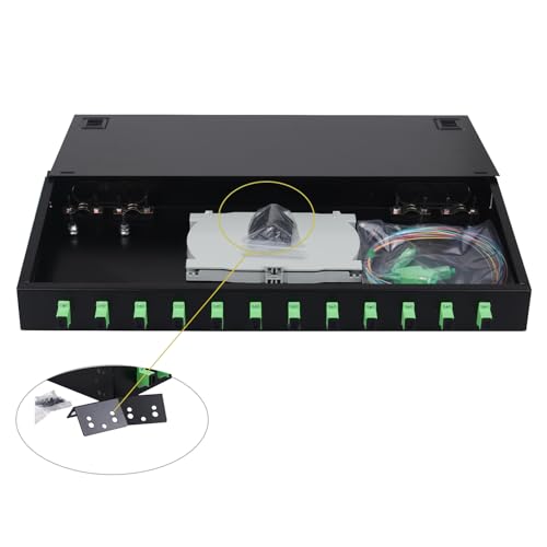 FYBOPTWU - 12 Singlemode 12 Port SC-APC Rackmount Gehäuse Box & Spleißschalen, Glasfaserkabel-Set (inkl. Pigtail und Koppler), 12-adrige LGX geladene Patchfeld-Box passend für 48,3 cm Racks Schrank, 1 von fyboptwu