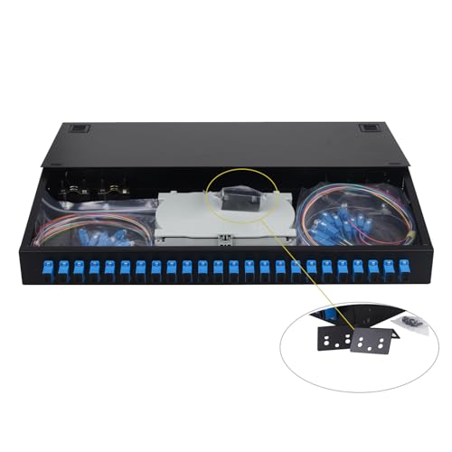FYBOPTWU - 24 Singlemode 24 Port SC-UPC Glasfaser-Rack-Montagegehäuse und Spleißschalen, Glasfaserkabel-Set (inkl. Pigtail und Koppler), 24-adrige LGX geladene Patchfeld-Box passend für 48,3 cm Racks von fyboptwu