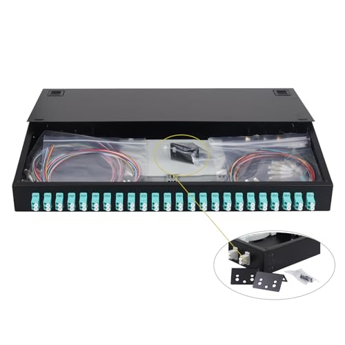 LC-OM3-Multimode-LWL-Patchpanel mit 48 Strängen, Rack-Montagegehäuse mit Spleißschalen, LC-UPC-Kopplern und -Pigtails, kompatibel mit 48-Zoll-Netzwerk-Rack-Schränken (24 Duplex-Ports) von fyboptwu