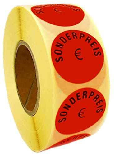 1.000 Aktionsetiketten SONDERPREIS Eurozeichen | rund leuchtrot auf Rolle 32 mm, Etiketten permanent selbstklebend von gebar