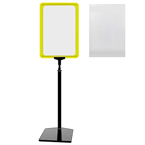 Plakatständer DIN A4 Rahmen gelb mit U-Tasche, Ständer Kunststoff schwarz, Teleskopständer mit Fuß eckig, Kundenstopper höhenverstellbar bis 68 cm, Aufsteller von gebar