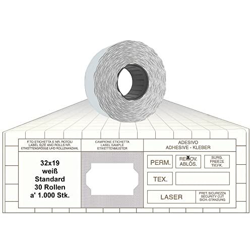 Preisauszeichner Etiketten 32x19 Standard weiß 30 Rollen ablösbar Preisetiketten für Print Tovel Printex Contact Meto Blitz von gebar
