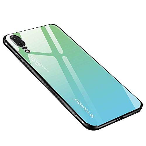 generisch Hülle Kompatibel mit Huawei P20, Gehärtetes Glas Zurück mit Weichem TPU Silikon Rahmen Handyhülle Farbverlauf Farbe Case Schutzhülle für Huawei P20 (Grün-Blau) von Dqtaoply