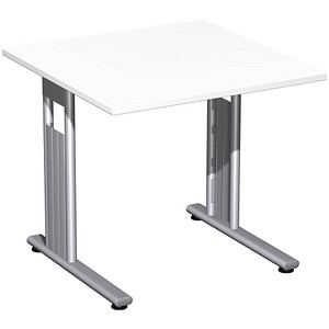 geramöbel Flex Schreibtisch weiß quadratisch, C-Fuß-Gestell silber 80,0 x 80,0 cm von geramöbel