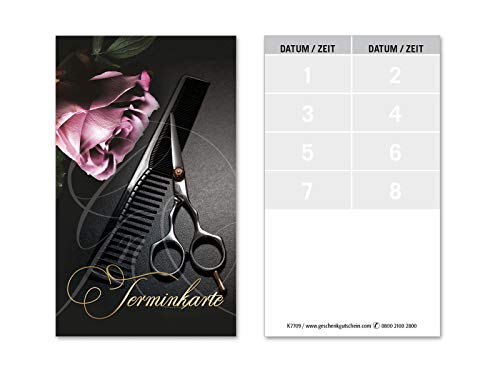 100 Terminkarten, 8 Termine pro Karte = 800 Termine, Scheckkartenformat. Für Friseurgeschäft Friseur Friseursalon. Vorderseite glänzend. K7709 von geschenkgutschein.com