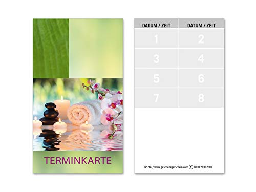 100 Terminkarten, 8 Termine pro Karte = 800 Termine, Scheckkartenformat. Für Massage Kosmetik Wellness Spa. Vorderseite glänzend. KS786 von geschenkgutschein.com