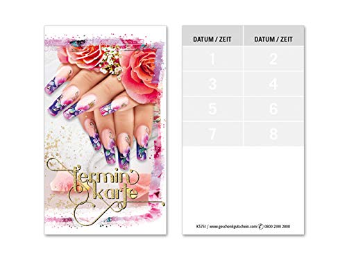 100 Terminkarten, 8 Termine pro Karte = 800 Termine, Scheckkartenformat. Für Nagelstudio Fingernagelstudio Nageldesign. Vorderseite glänzend. KS751 von geschenkgutschein.com