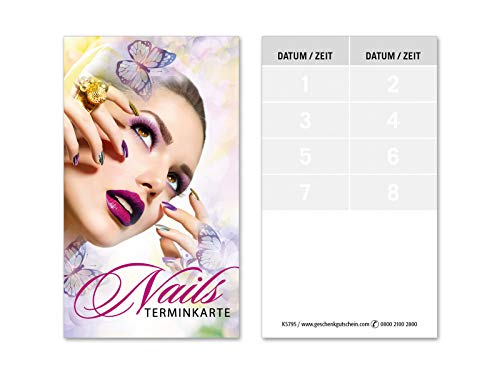 100 Terminkarten, 8 Termine pro Karte = 800 Termine, Scheckkartenformat. Für Nagelstudio Fingernagelstudio Nageldesign. Vorderseite glänzend. KS795 von geschenkgutschein.com